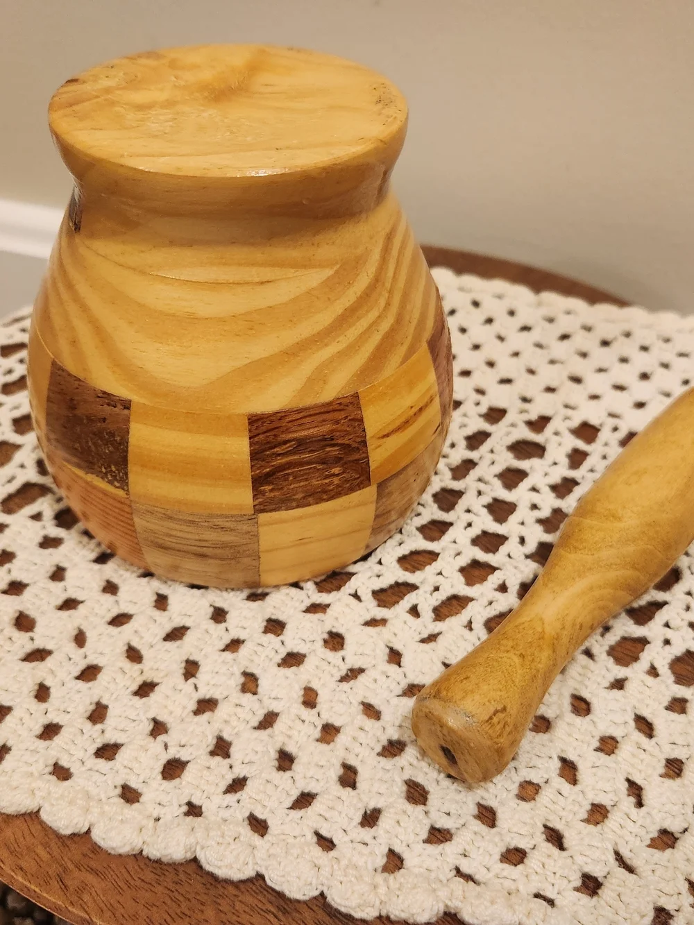 Wooden Mortar and Pestle Set With Checkerboard Pattern